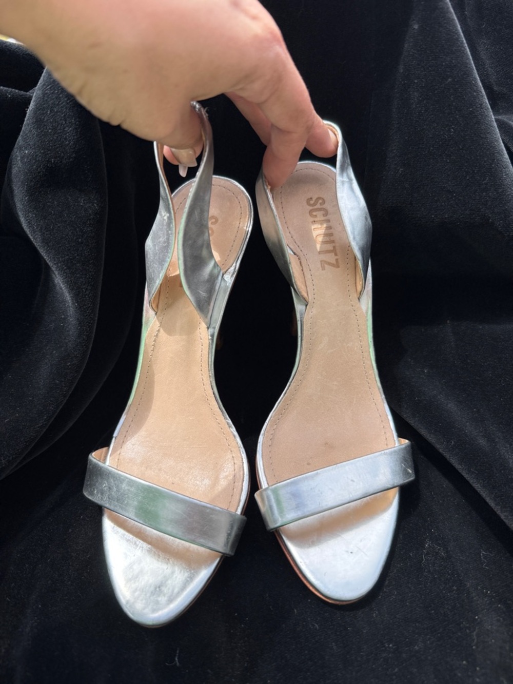 SCHUTZ Silver Metallic Open-Toe Slingback Heels